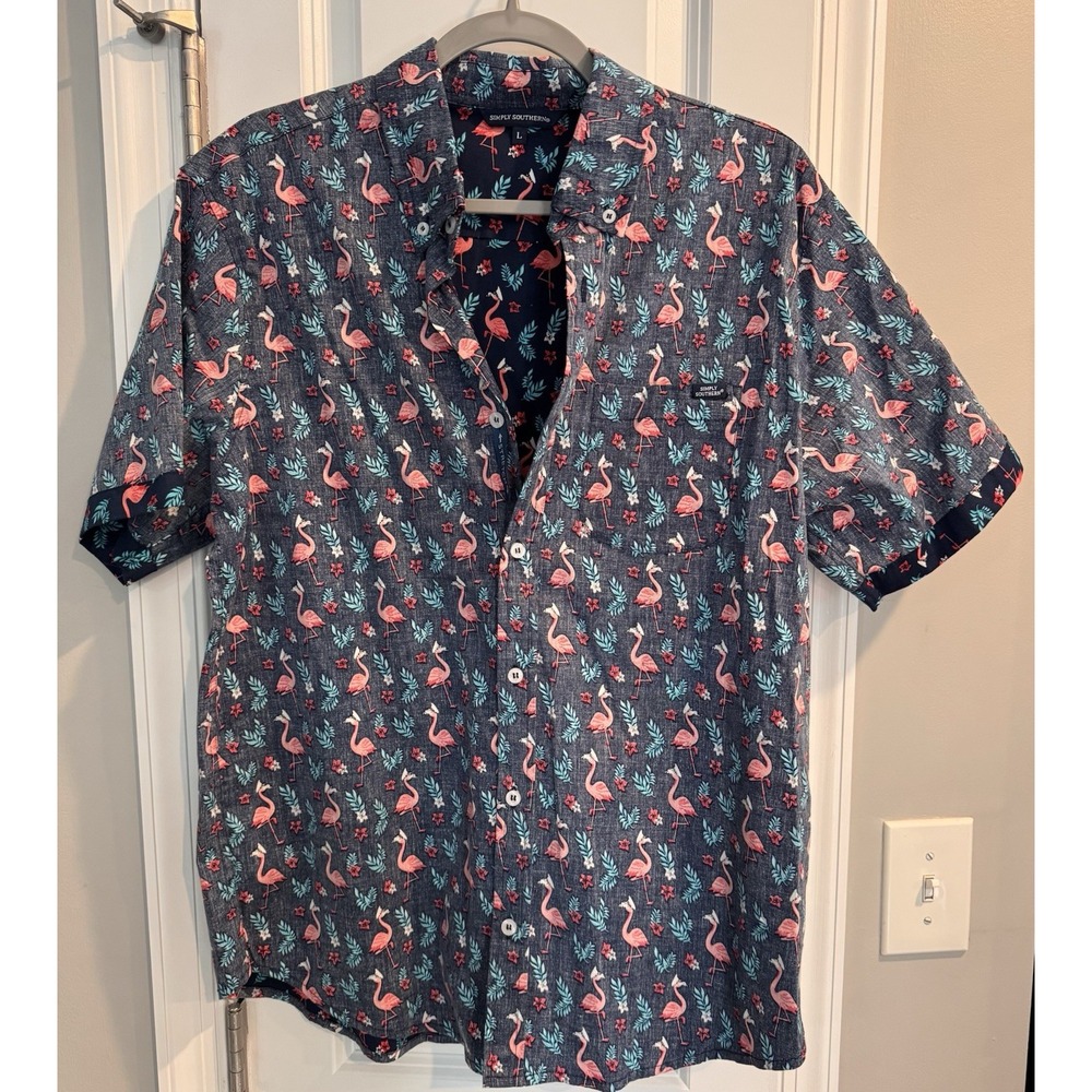 Simply Southern Tropical Flamingo Print Short Sleeve Button Up Shirt Size Large